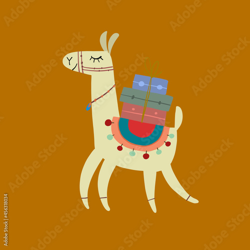 Cute alpaca character. Funny llama with luggage. Cartoon for your design