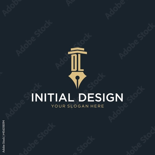 DL monogram initial logo with fountain pen and pillar style