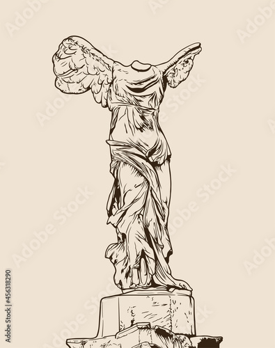 Winged Victory of Samothrace in black and white vector illustration