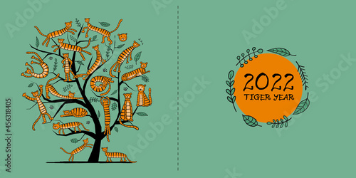 Tigers Tree, animal characters. Symbol of 2022 New Year. Design Template for ...