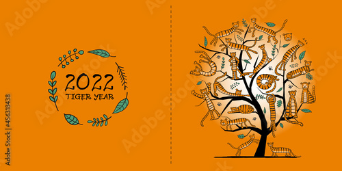Tigers Tree, animal characters. Symbol of 2022 New Year. Design Template for ...