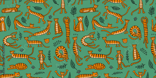 Collection of tigers and tropical leaves. Seamless Pattern for your design