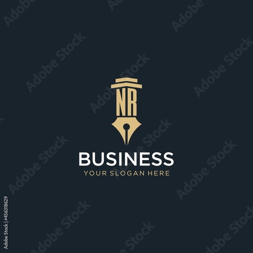 NR monogram initial logo with fountain pen and pillar style