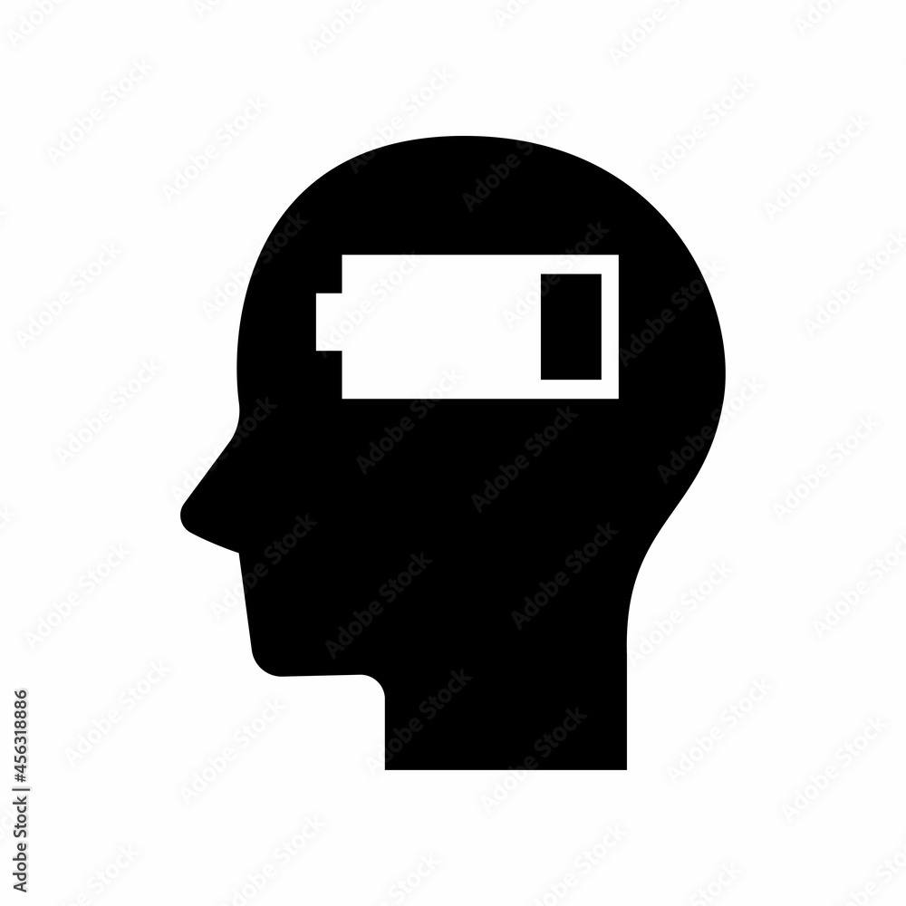 head icon and low battery isolated on white background. icon vector. head icon and low battery isolated on white background. icon vector.