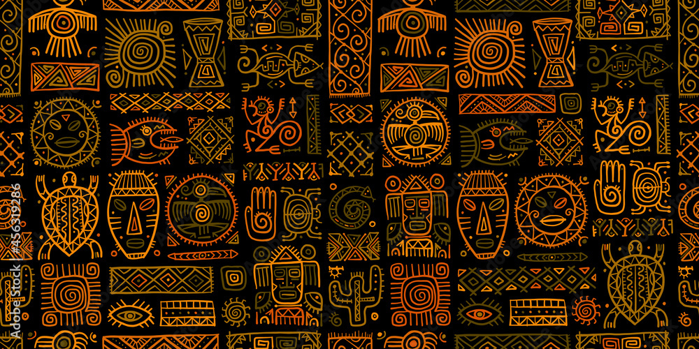 Fototapeta Ethnic mexican decor. Handmade Seamless Pattern for your design. Tribal tattos elements