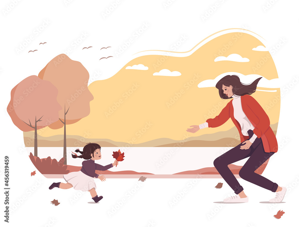 The joyful daughter brings her mother a bouquet of leaves. Family walk in the park with autumn landscape. A woman meets a girl on the street