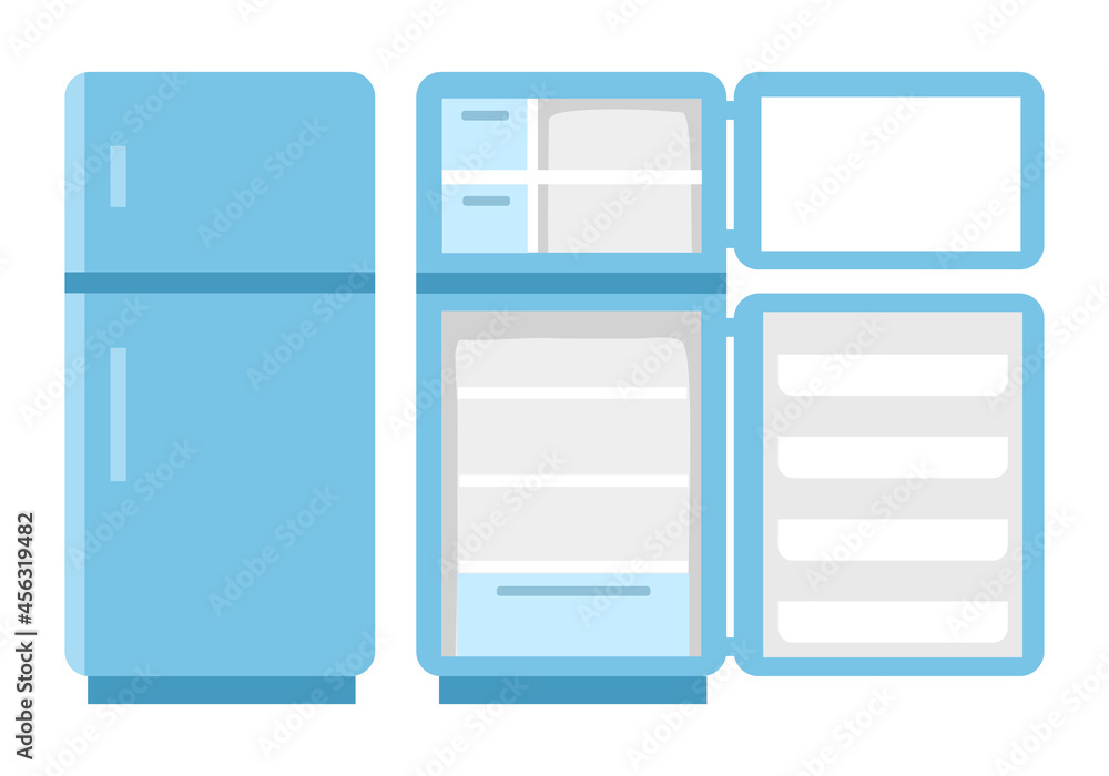 Fridge open and close concept vector illustration on white background. Empty refrigerator in flat design. Fridge open and close concept vector illustration on white background. Empty refrigerator in flat design.