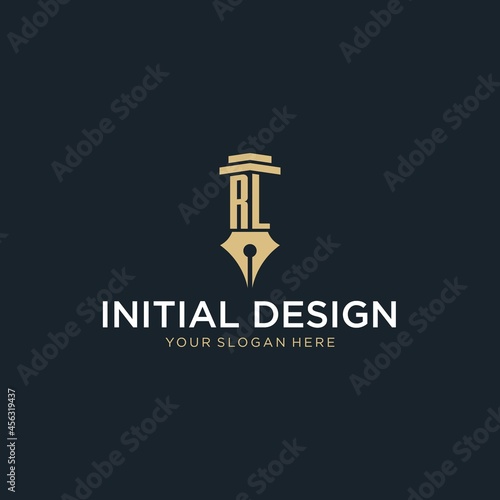 RL monogram initial logo with fountain pen and pillar style