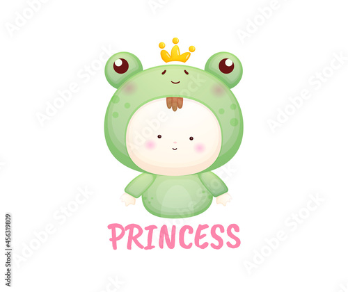 Cute baby princes in frog costume. Mascot cartoon illustration Premium Vector