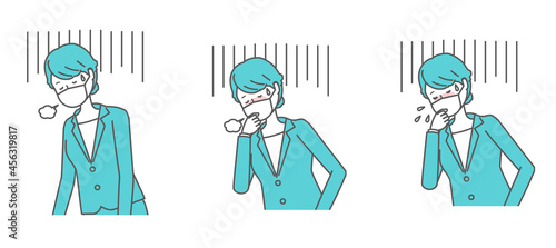 （体調不良・咳をする・くしゃみをする）マスクを着けたスーツの女性