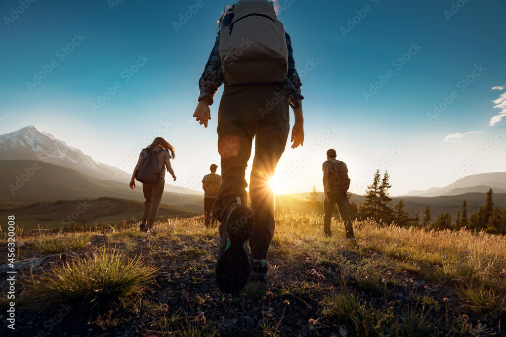 Group of sporty people walks in mountains at sunset with backpacks. Altai mountains, Siberia, Russia. - obrazy, fototapety, plakaty 