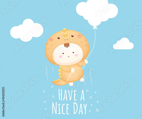 Cute baby in dinosaur costume flying in the sky with have a nice day text Premium Vector