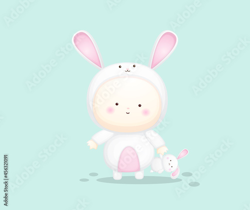 Cute baby in bunny costume holding rabbit doll. cartoon illustration Premium Vector