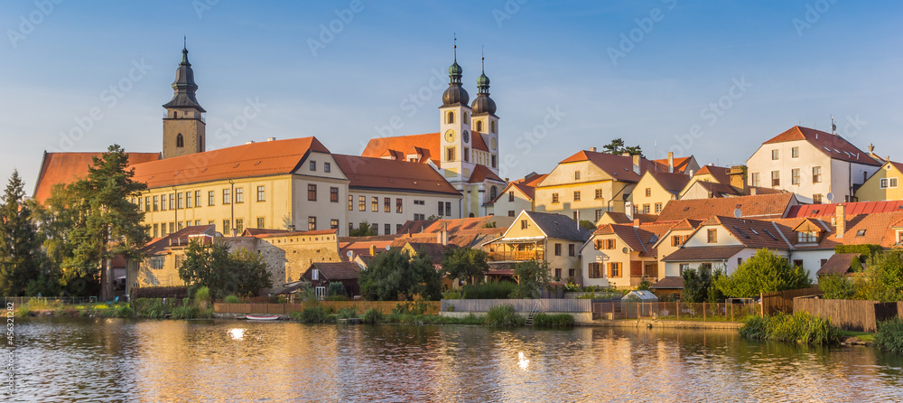 Panoramic skyline of historic town Telc in the evening light, Czech Republic