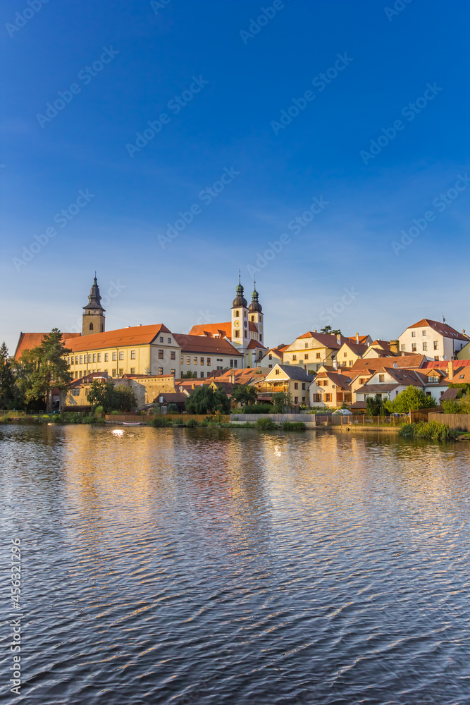 Castle and houses at the lake in Telc, Czech Republic