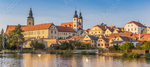 Panoramic skyline of historic town Telc in the evening light  Czech Republic