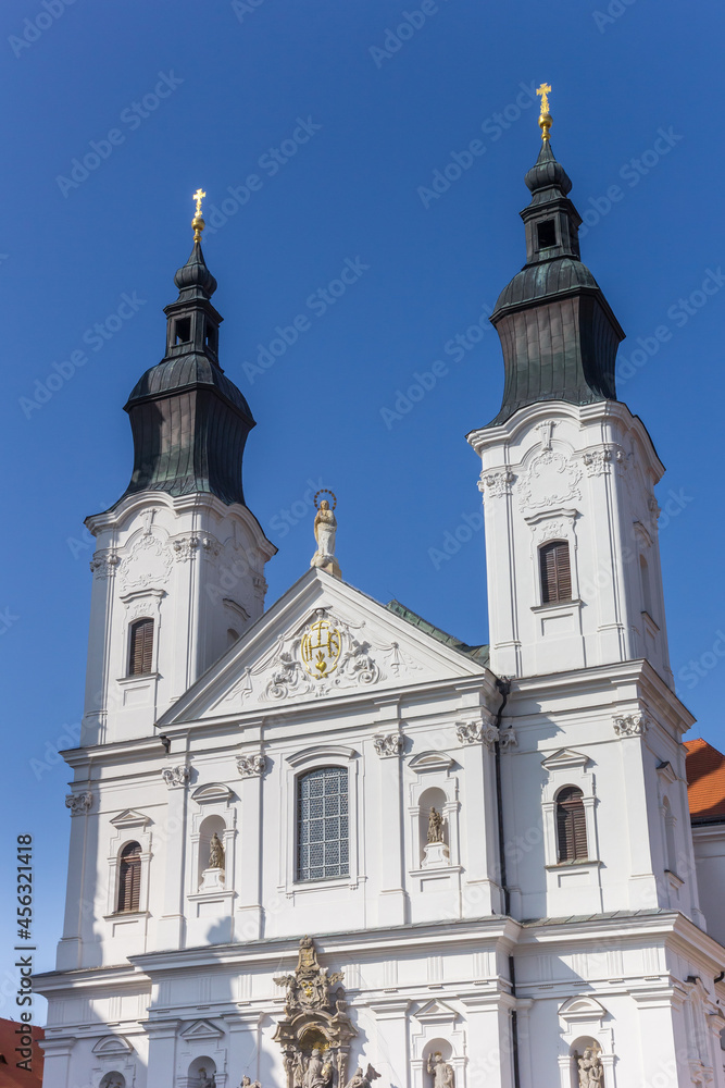 White facade of the Jesuit church in Klatovy, Czech Republic