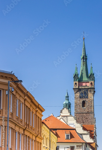 Black tower and historic houses in Klatovy, Czech Republic