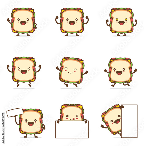 cute sandwich cartoon. with happy facial expressions and different poses