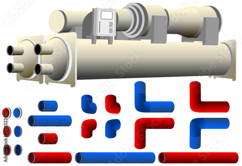 3D Coloured Chiller for BMS design with connecting supply and return pipe.