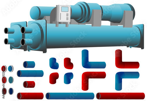 3D Coloured Chiller for BMS design with connecting supply and return pipe.