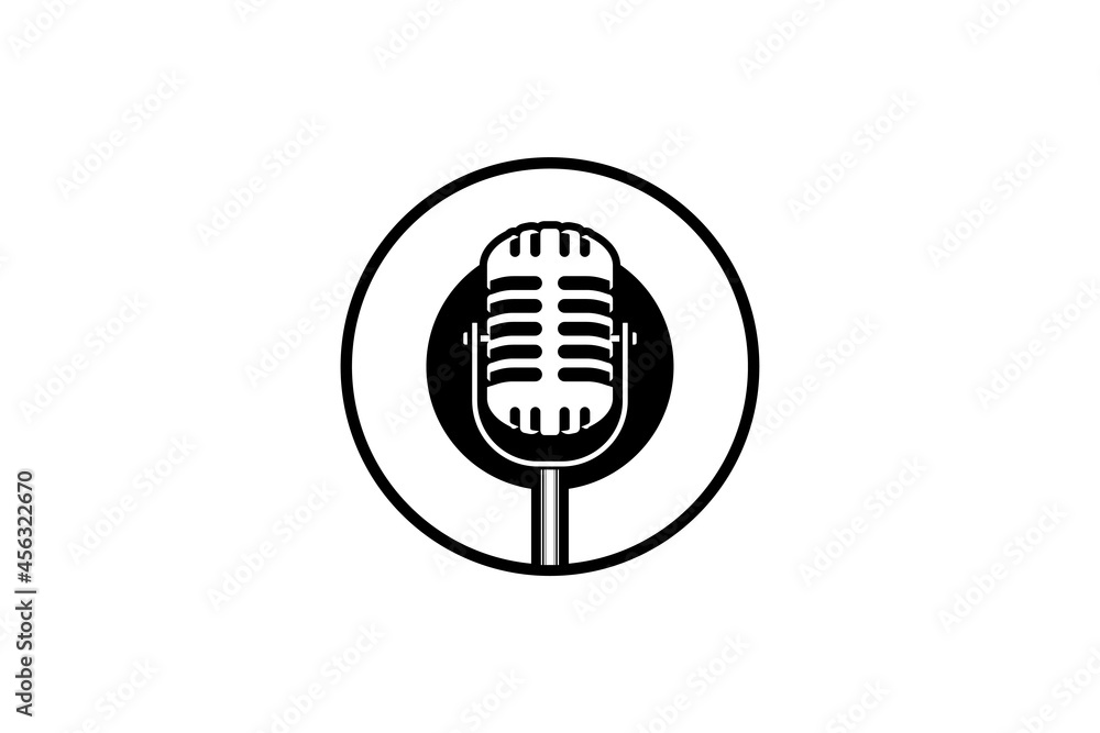 Podcast or singer vocal karaoke logo with retro microphone and vinyl icon Podcast or singer vocal karaoke logo with retro microphone and vinyl icon
