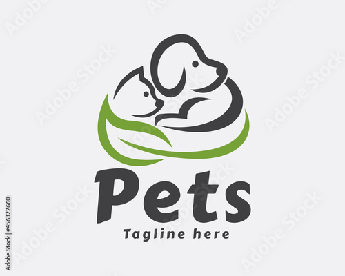 green eco nature leaf care pet dog cat logo template illustration