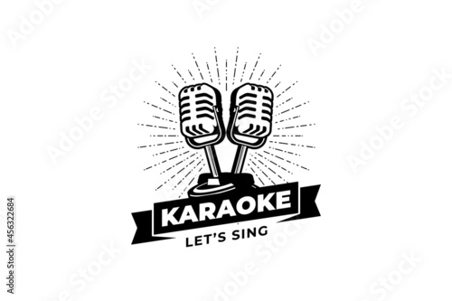 Singer vocal karaoke or podcast station logo with retro microphone. Design element for logo, label, emblem, sign