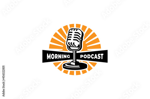 Podcast logo template. Mic microphone and sunrise illustration. Design element for karaoke, podcast, singer logo.