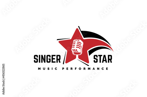 Singer star logo template. Microphone silhouette inside star. Icon for leading, song contest, event, karaoke, podcast