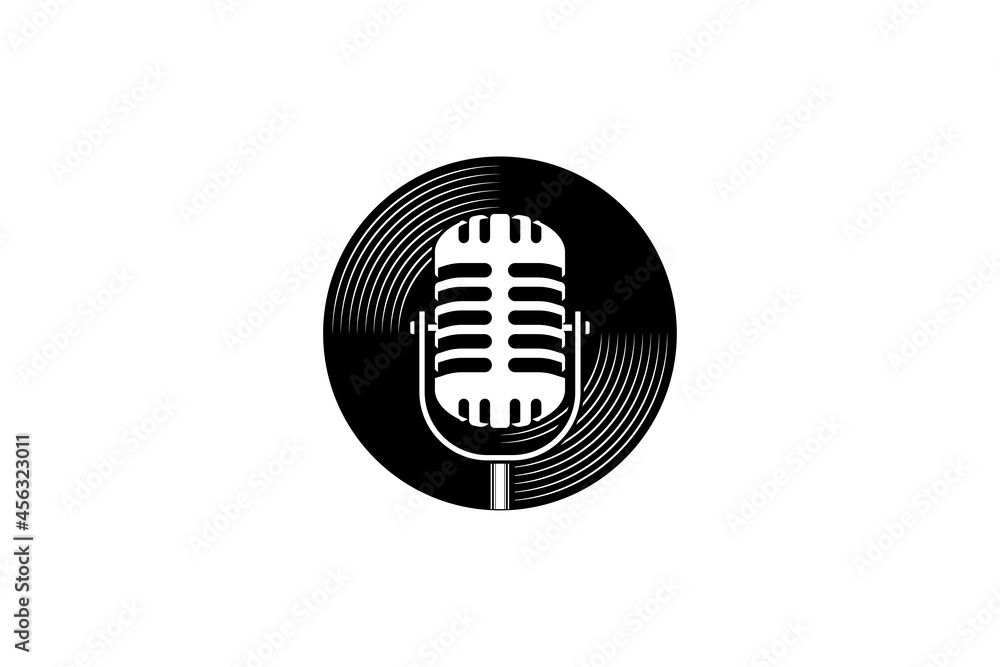 Podcast or singer vocal karaoke logo with retro microphone and vinyl icon Podcast or singer vocal karaoke logo with retro microphone and vinyl icon
