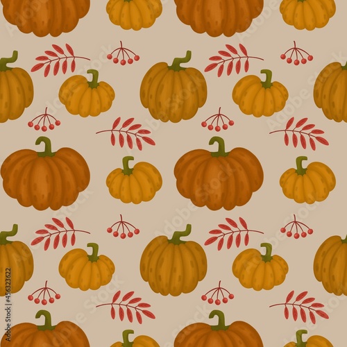 seamless pattern of orange pumpkins and red autumn leaves on a light background