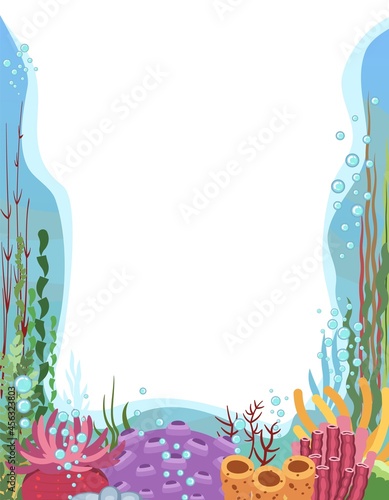 Fototapeta Naklejka Na Ścianę i Meble -  The bottom of reservoir with fish. Frame,Blue water. Sea ocean. Underwater landscape with animals, plants, algae and corals. Illustration in cartoon style. Isolated. Flat design. Vector art