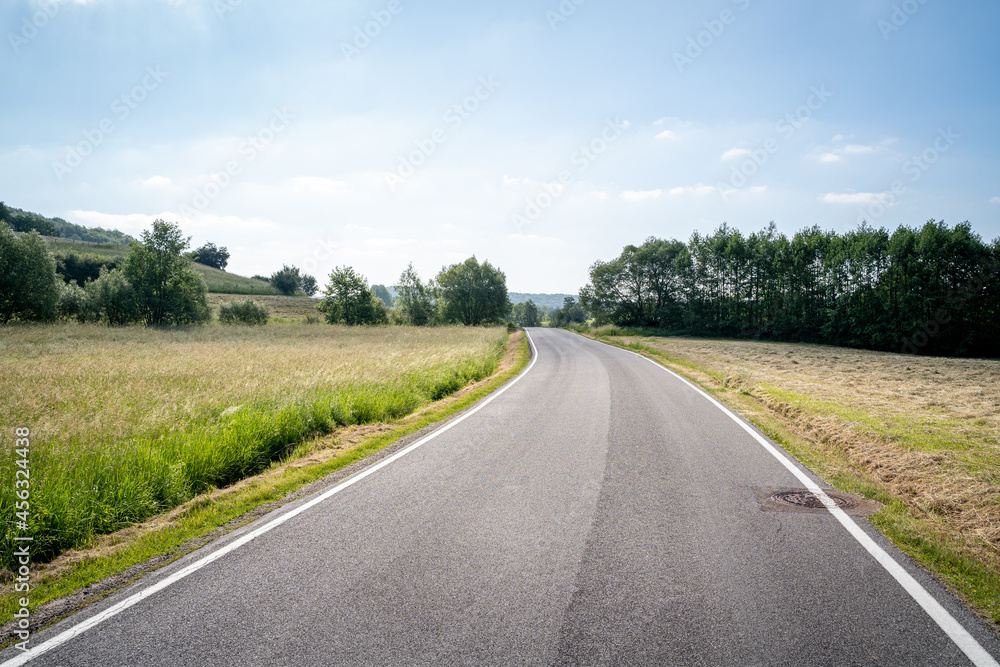 Nice road in the landscape with grass, trees and blue sky Nice road in the landscape with grass, trees and blue sky