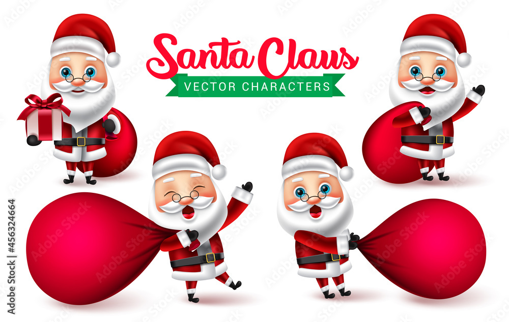 Fototapeta premium Santa claus vector characters set. Santa claus characters in pulling and holding sack bag of kids gift for xmas holiday celebration collection element design. Vector illustration. 