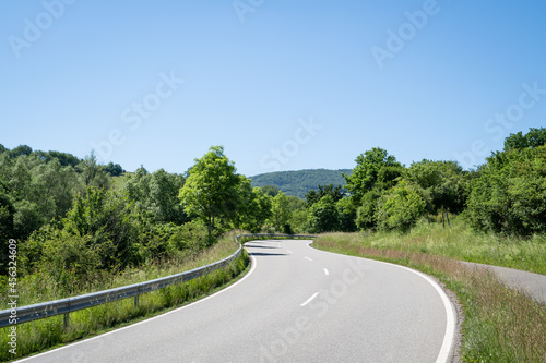 Curvy asphalt road in summer between trees in the landscape 