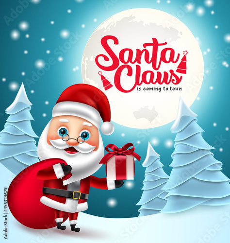 Santa claus vector design. Santa claus is coming to town text in moon element with santa character holding gift and sack for xmas winter holiday season celebration. Vector illustration. 
