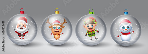 Christmas crystal ball vector set. Christmas characters like santa claus, reindeer, elf and snow man in snow globe element for xmas hanging decoration design. Vector illustration.
