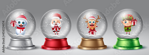 Christmas snow globe vector set. Christmas characters like snowman, santa claus, reindeer and elf in crystal ball element for xmas holiday decoration design. Vector illustration. 