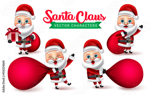 Santa claus vector characters set. Santa claus characters in pulling and holding sack bag of kids gift for xmas holiday celebration collection element design. Vector illustration. 
