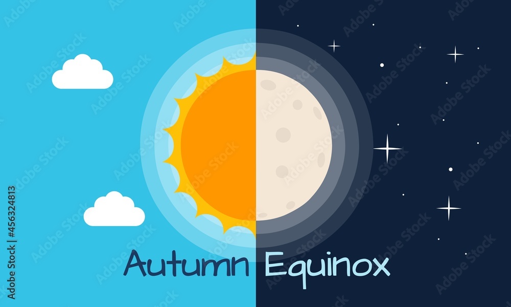 Vector illustration of half sun and half moon as autumn equinox, day and night equal 12 hours. Early fall astronomy. Nights become longer than Days in the Northern Hemisphere.	 - obrazy, fototapety, plakaty 