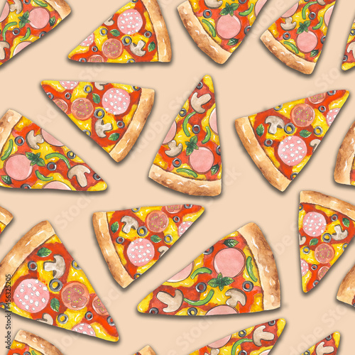 Watercolor hand painted pizza and pepper seamless pattern jpeg. background, menu, fabric, wrapping, print.