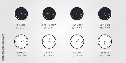 Set of day and night clock for time zones different cities. Vector Illustration