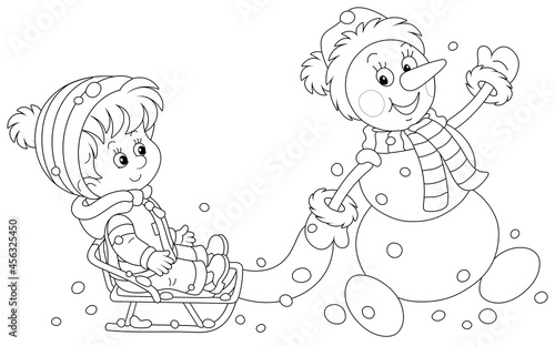 Funny snowman friendly smiling, waving its hand in greeting and sledding a happy little boy on a snowy winter day, black and white outline vector cartoon illustration for a coloring book page