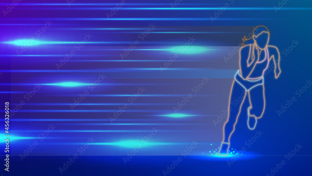 Female runner running with high speed light trail. Neon design.