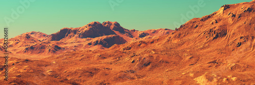 Mars landscape panorama, 3d render of imaginary mars planet terrain, orange desert with mountains, realistic science fiction illustration. 