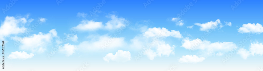 Sunny day background panorama, blue sky with white cumulus clouds, natural summer or spring background with perfect hot day weather, vector illustration. Sunny day background panorama, blue sky with white cumulus clouds, natural summer or spring background with perfect hot day weather, vector illustration.