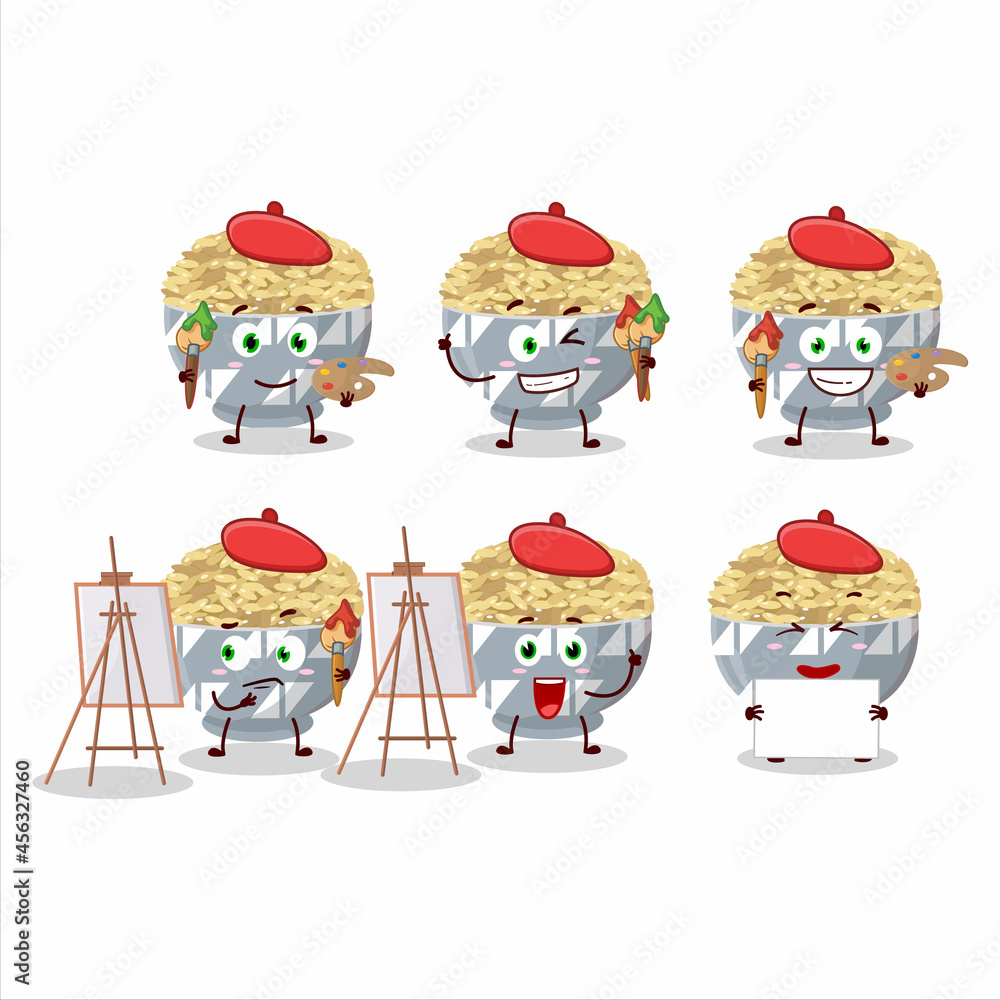 Fototapeta premium Artistic Artist of parboied long grain rice cartoon character painting with a brush
