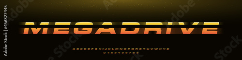 MEGADRIVE bold italic font with dynamic slant and geometric cut, speed effect, battle, or fast delivery. Retrowave English alphabet and numbers set. Yellow-orange gradient typography.
