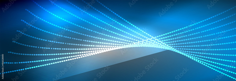 Neon shiny color background with light glowing wave line particles. Wallpaper background, design templates for business or technology presentations, internet posters or web brochure covers